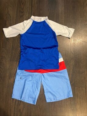 Oasis Blue & White Rashguard with Light Blue & Red Swim Shorts Size M (10-12)